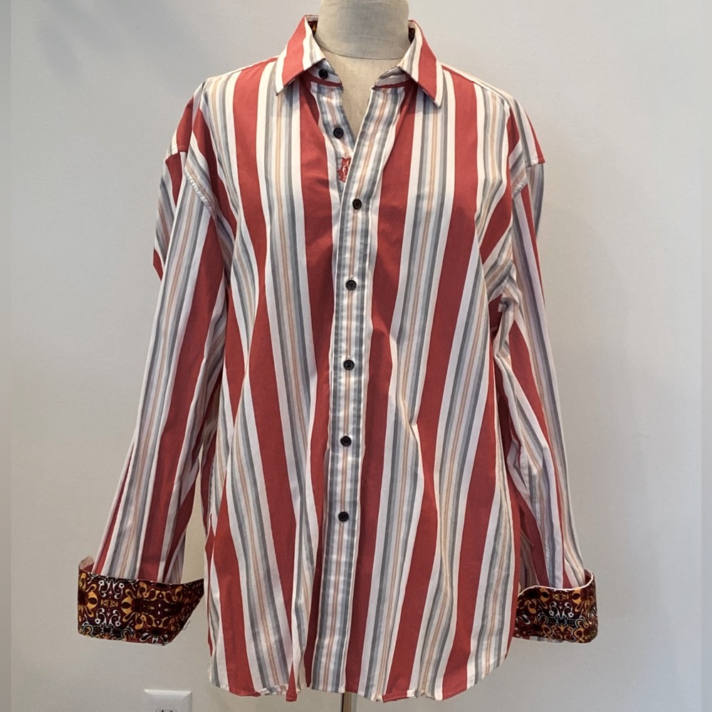 Robert Graham Mens White Shirt w Orange Gray Stripes / Contrasting Print / 2XL